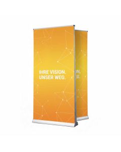 RollUp "Dual" von beiden Seiten bedrucken für einen platzsparenden Werbeauftritt