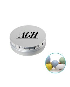 Runde Click-Blechdose 75 mm mit Mikro Milchschokoladeneier individuell gestalten (ab 50 Stück)