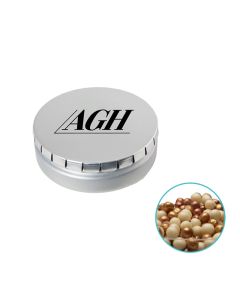 Runde Click-Blechdose 75 mm mit Mini Schokoperlen gold individuell gestalten (ab 50 Stück)