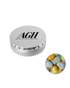 Runde Click-Blechdose 75 mm mit Praliné Kiebitseier individuell gestalten (ab 50 Stück)