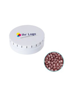 Runde Click-Blechdose 75 mm mit Roseglitzer Milchschokolade individuell gestalten (ab 50 Stück)