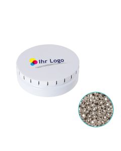 Silberglitzer Milchschokolade in runder Click Blechdose individuell bedruckt.