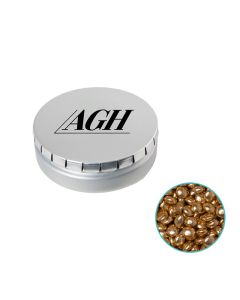 Goldglitzer Milchschokolade in runder Click Blechdose individuell bedruckt.