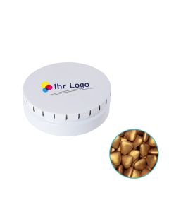 Kleine goldene Herzen in runder Click Blechdose individuell bedrucken.