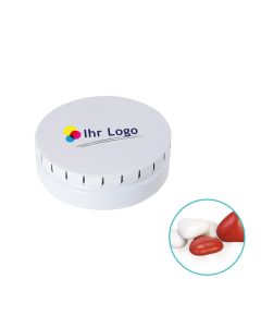 Runde Click Blechdose mit kleinen roten und weißen Herzen gefüllt.