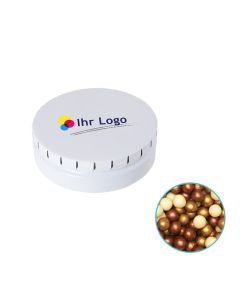 Runde Click-Blechdose 75 mm mit knusprigen Schokoladen Juwelen individuell gestalten (ab 50 Stück)