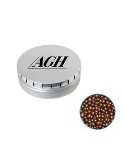 Runde Click-Blechdose 75 mm mit Mini Schokoperlen Kupfer individuell gestalten (ab 50 Stück)