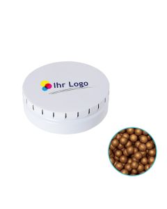 Runde Click-Blechdose 75 mm mit goldenen Schokoperlen individuell gestalten (ab 50 Stück)