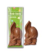 Hase mit Ei als Schokolade auf Karte in Plastik Päckchen eingeschweißt bedrucken
