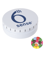 Runde Click-Blechdose 75 mm mit knusprigen Schokoladen Juwelen individuell gestalten (ab 50 Stück)