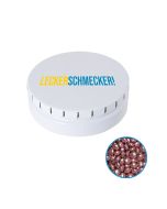 Runde Click-Blechdose Classic 53 mm mit Roseglitzer Milchschokolade individuell bedruckt (ab 50 Stück)