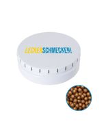 Runde Click-Blechdose Classic 53 mm mit Mini Schokoperlen gold individuell bedruckt (ab 50 Stück)
