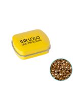 Kleine Blechdose mit goldglitzer Milchschokolade gefüllt und eigenem Logo bedruckt.