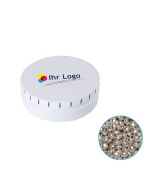 Silberglitzer Milchschokolade in runder Click Blechdose individuell bedruckt.