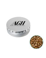 Goldglitzer Milchschokolade in runder Click Blechdose individuell bedruckt.