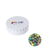 Knuspriges Schokoladen Festival in runder Click Blechdose mit individuellem Logo.