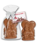 Paar Hasen aus Schokolade zu Ostern Werbegeschenk bedrucken Karte