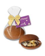Gefülltes Schoko-Ei mit einzeln abgepackten feinsten Trüffelpralinen befüllt und bedruckter Karte als Werbeartikel zu Ostern