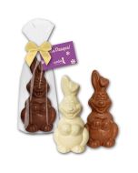 Osterhase aus Schokolade im Glanzbeutel mit Kärtchen als Werbung oder Aktion zu Ostern Werbegschenk