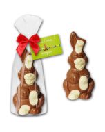 Gescheckter Osterhase als Schokoladenfigur mit Werbekärtchen bedrucken