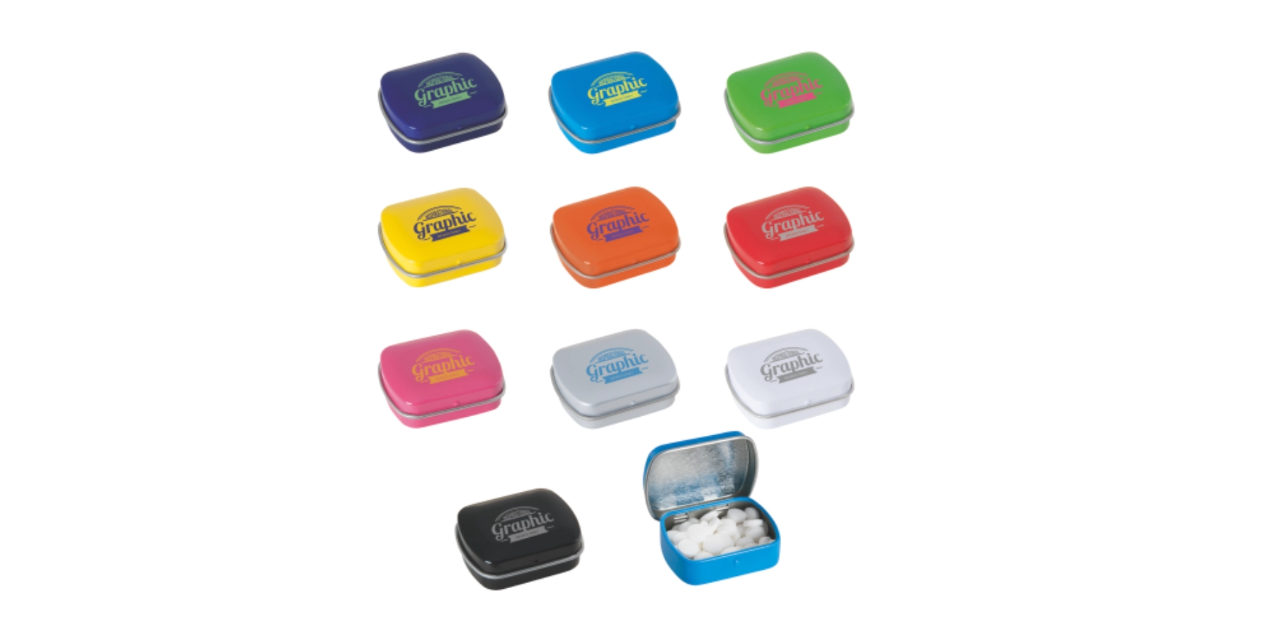 Viele personalisierte Pfefferminzdosen mit Logo vor weißem Hintergrund. Die individuellen Pfefferminzpastillen helfen Apotheken bei der Kundenbindung.