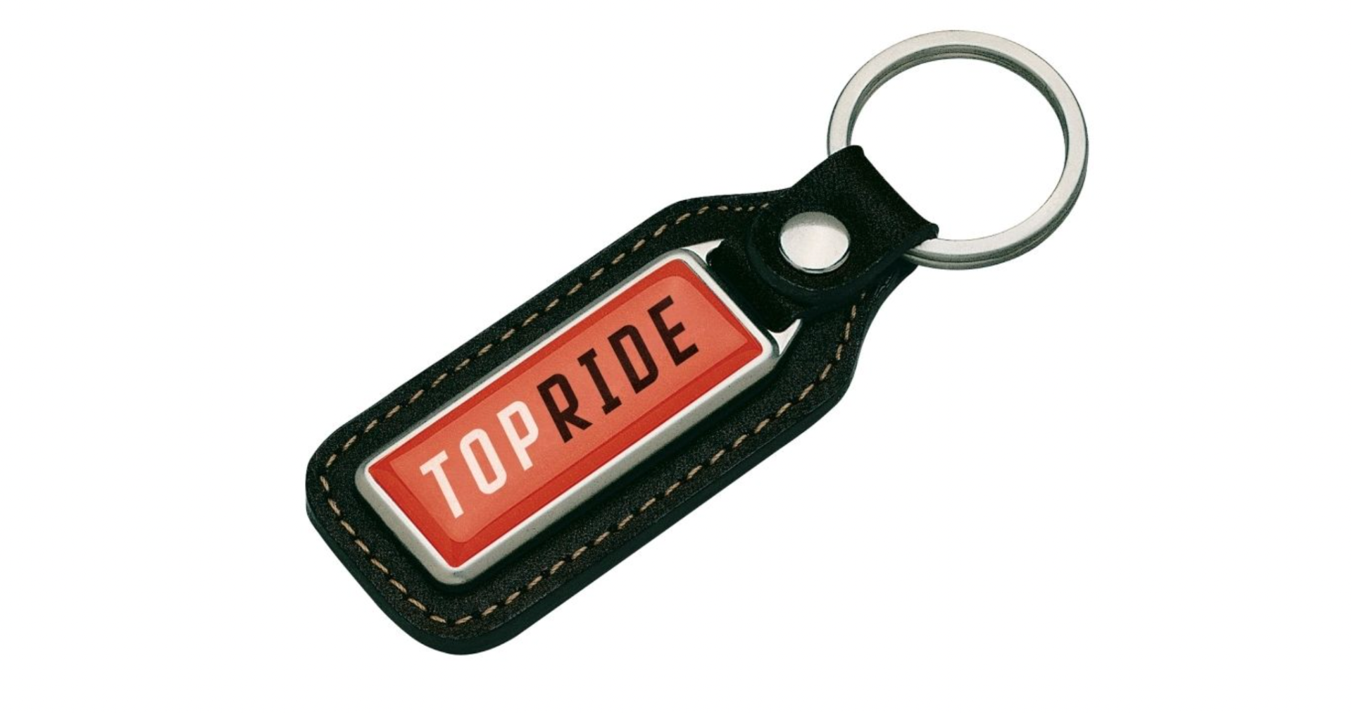 Bedruckte Schlüsselanhänger mit dem Logo "Top Ride". Es ist ein Anhänger für Autoschlüssel, den Autohändler ihren Kunden als Werbegeschenk machen können.