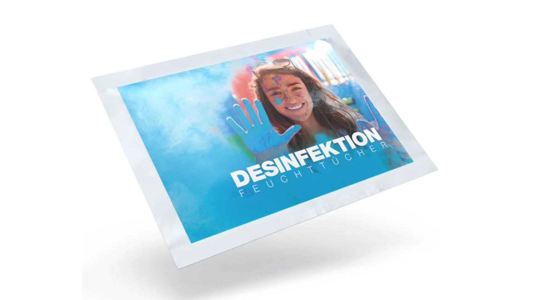 Ein personalisiertes Desinfektionstuch mit Logo vor weißem Hintergrund. Dieses personalisierte Desinfektionsmittel ist das perfekte Give-away von Apotheken an ihre Kunden.