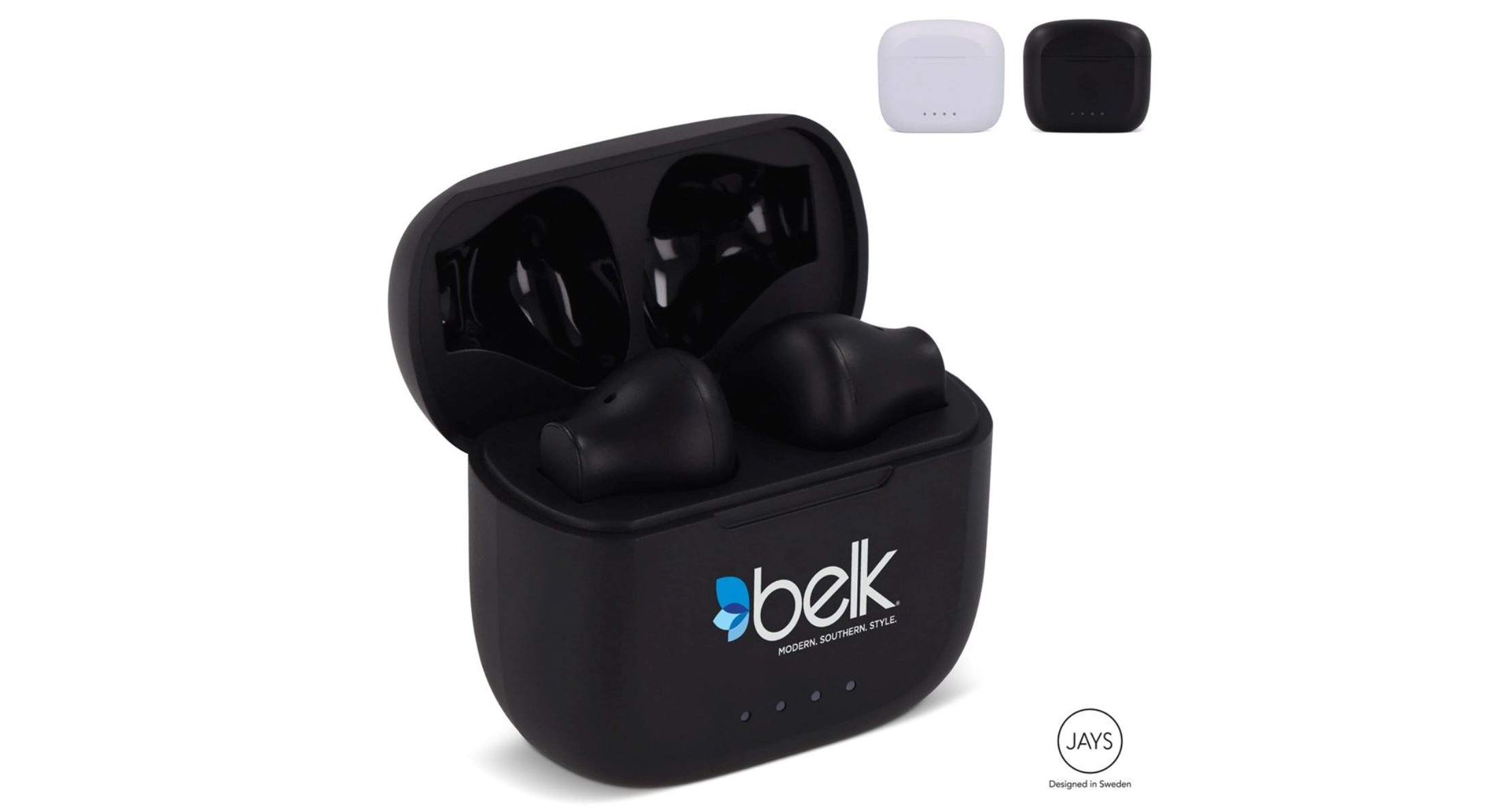 Kopfhörer mit Logo für Kunden von Tech-Startups. Zu sehen ist ein Paar Wireless-Kopfhörer, die in einem schwarzen Case stecken, das mit einem Logo bedruckt ist.