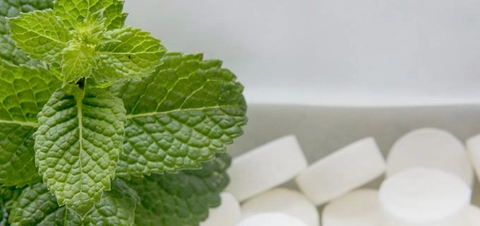 Ein grünes Pfefferminzblatt, im Hintergrund mehrere weiße Pfefferminzpastillen. Die bedruckten Pfefferminzdosen eignen sich perfekt für Apotheken, um Kunden zu binden.