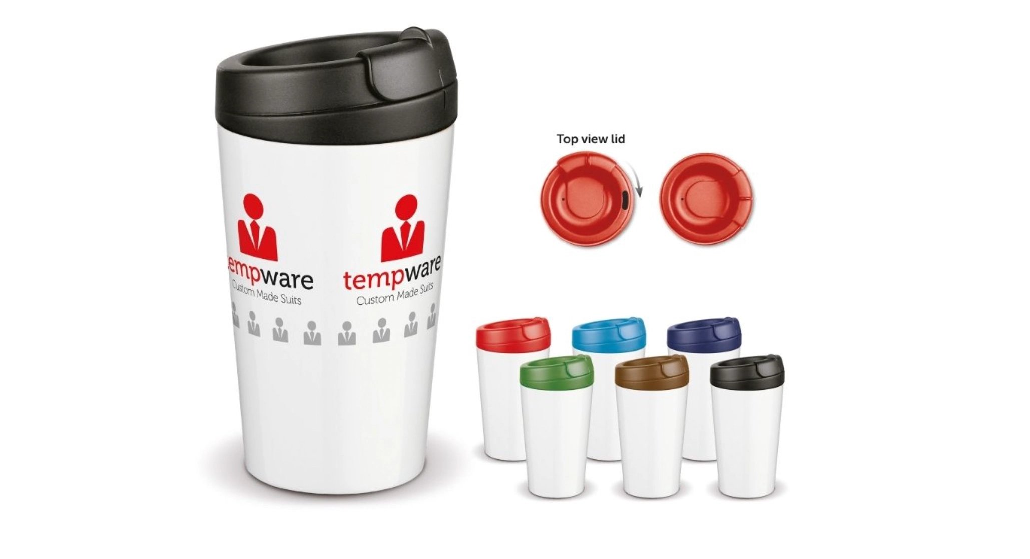 Personalisierter Thermobecher vor einem weißen Hintergrund. Neben dem großen Becher stehen mehrere kleine Thermobecher mit Logo, die alle in unterschiedlichen Farben bedruckt sind.