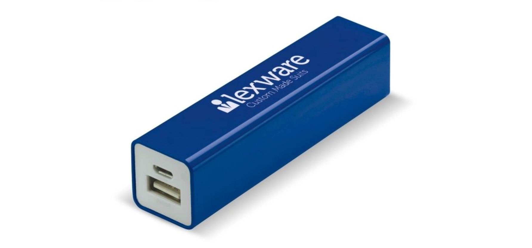 Eine blaue Powerbank mit Logo vor weißem Hintergrund. Die individuell bedruckte Powerbank ist das perfekte Give-away für IT-Unternehmen an ihre Kundschaft.