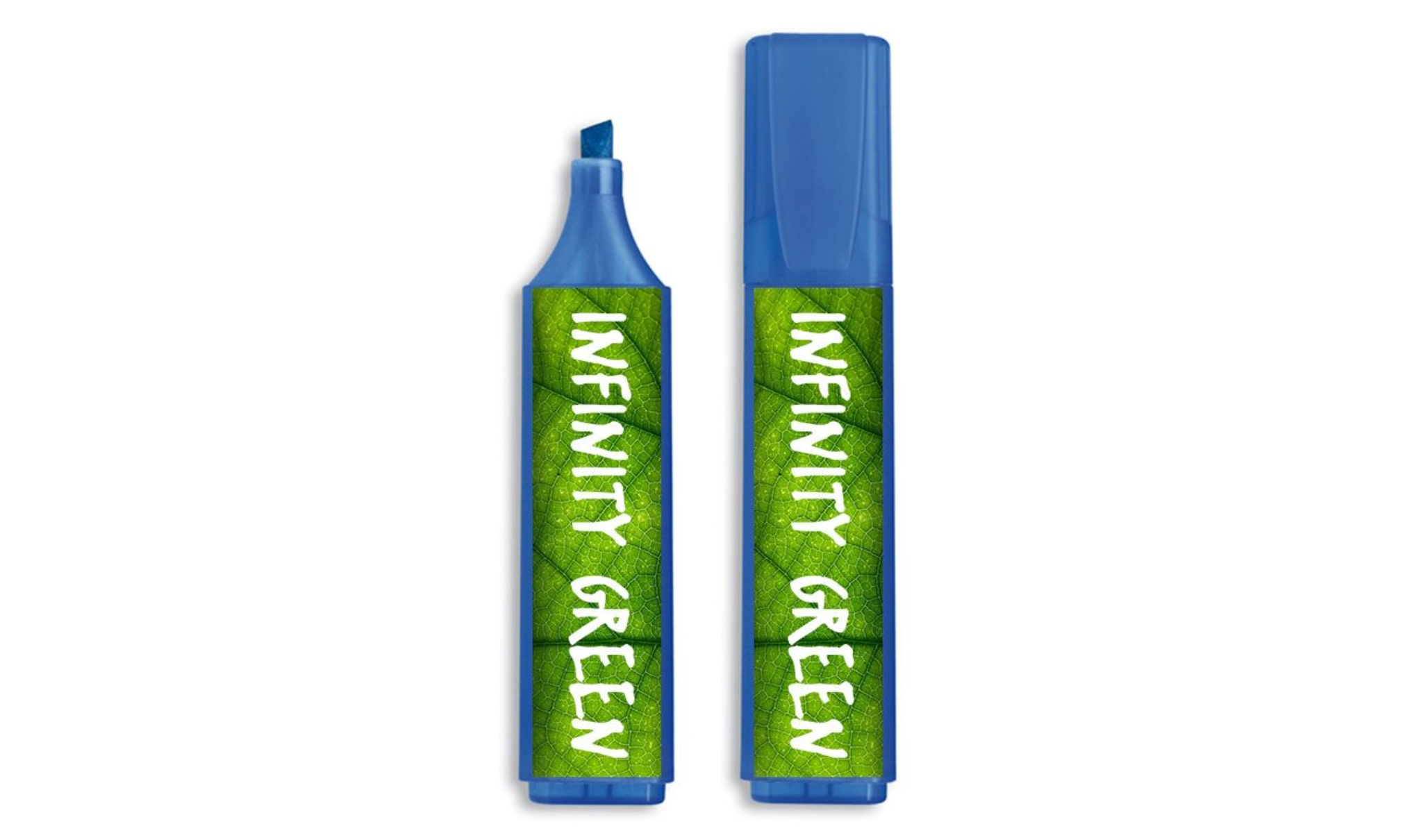 Ein nachhaltiger Textmarker mit Logo vor weißem Hintergrund. Solhce bedruckten Textmarker eignen sich ideal für Arztpraxen.