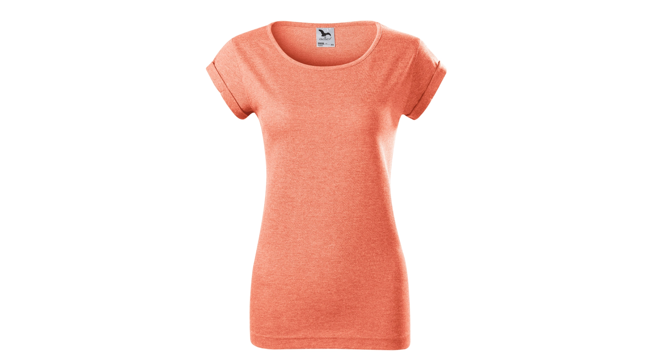 Ein korallfarbenes Damen T-Shirt vor weißem Hintergrund. Solche personalisierten T-Shirts mit Logo sind die perfekte Werbung für Fitnessstudios.