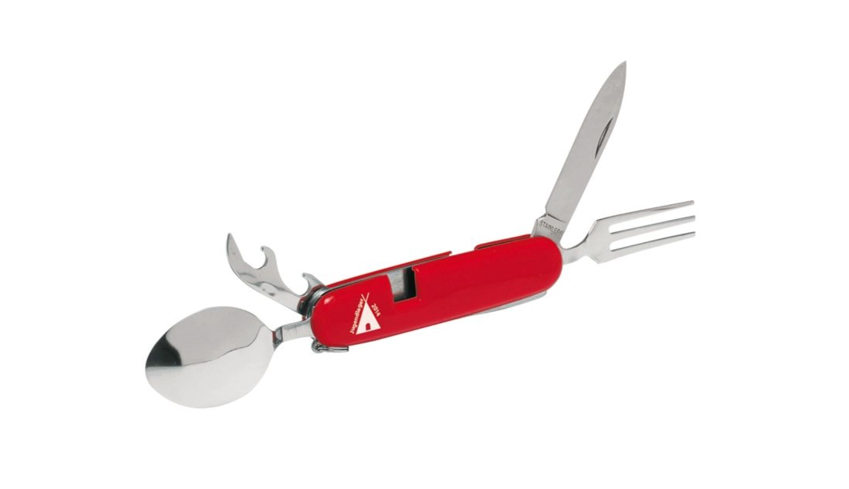 Ein rotes Taschenmesser mit Logo vor weißem Hintergrund. Solche bedruckten Taschenmesser sind ideal für Outdoor-Händler als Werbegeschenk.
