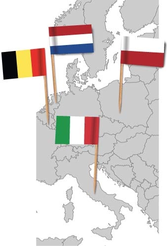 Europakarte mit Flaggenpickern Niederlande oder Holland, Belgien, Polen und Italien